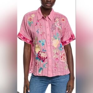 Johnny Was Pink Floral Embroidered Blouse
